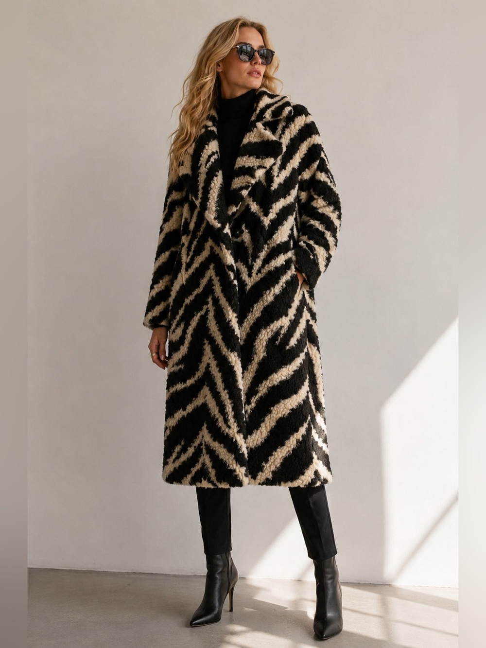 Zebra-Striped Faux Fur Teddy Coat in Black & Cream